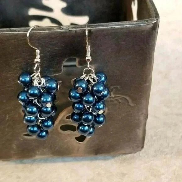 Handcrafted Blue Glass Pearl Beads Grape Cluster Cascade Earrings - Picture 1 of 1